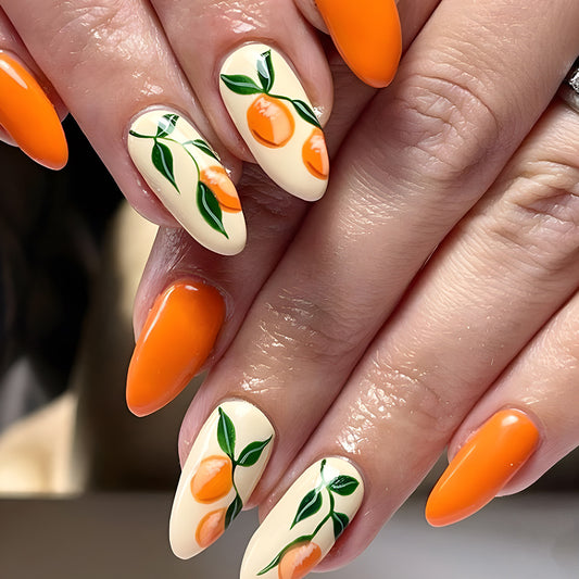 Citrus Delight Long Almond Orange and Cream Press On Nail Set with Charming Hand-Painted Citrus Design