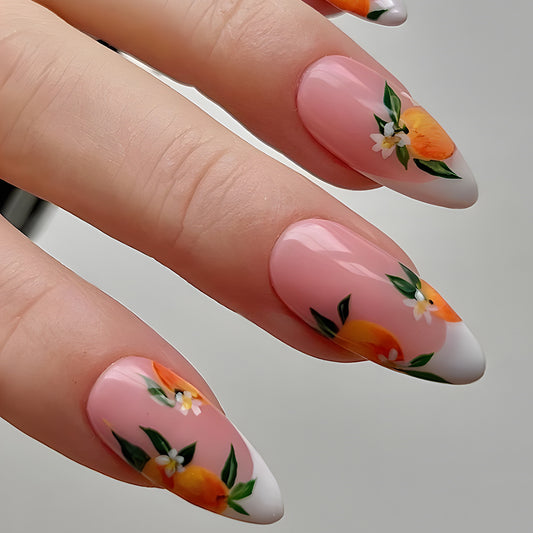 Citrus Blossom Dream Long Almond Pink Press On Nail Set with Floral Design and White French Tips