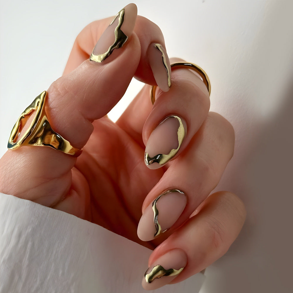 Golden Elegance Long Almond Shaped Beige Press On Nail Set with Unique Metallic Trim