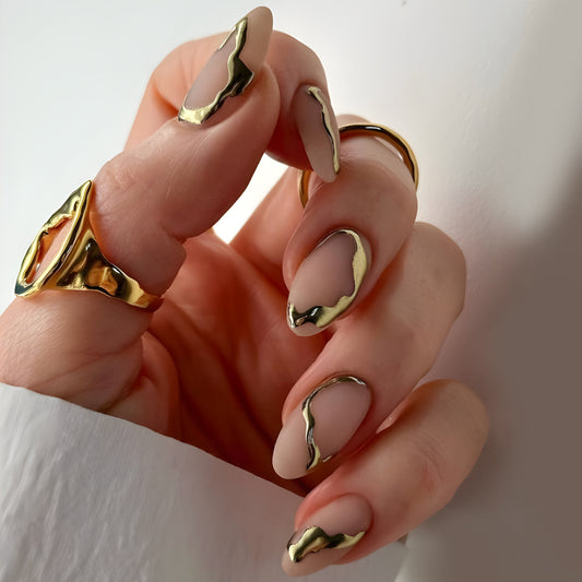 Golden Elegance Long Almond Shaped Beige Press On Nail Set with Unique Metallic Trim