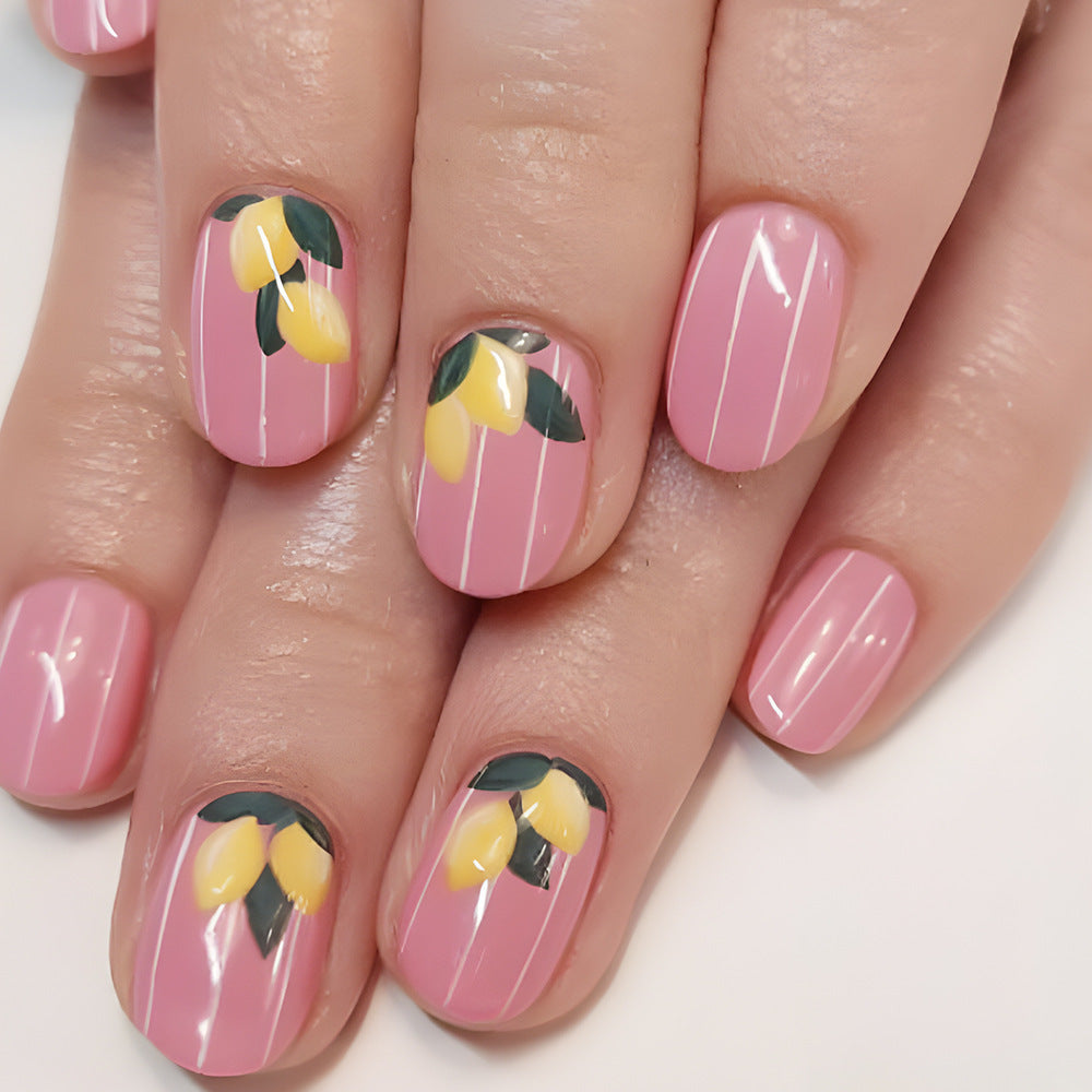 Lemon Grove Short Oval Pink Press On Nail Set with Floral Design