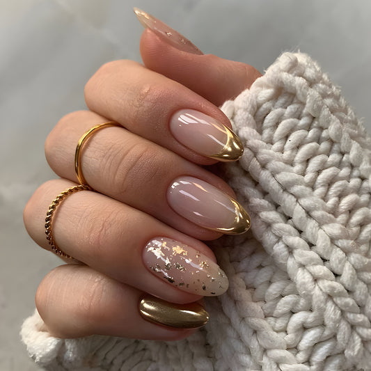 Golden Elegance Extra Long Almond Shaped Neutral and Gold Press On Nail Set with Glitter Accent