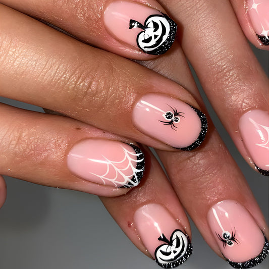 Spooky Halloween Themed Medium Oval Pink and Black Press On Nail Set with Pumpkin and Spider Design
