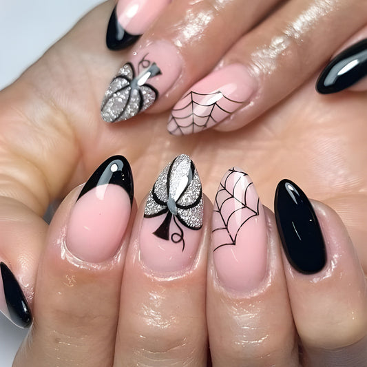 Gothic Elegance Long Stiletto Black and Pink Press On Nail Set with Sparkling Spider Web Design