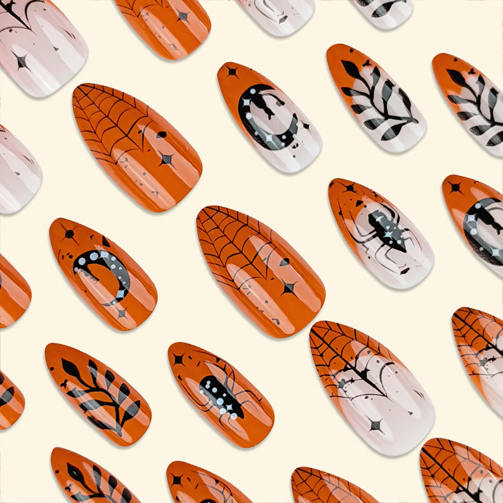 Spooktacular Autumn Long Almond Orange Press On Nail Set with Halloween Spider and Web Designs