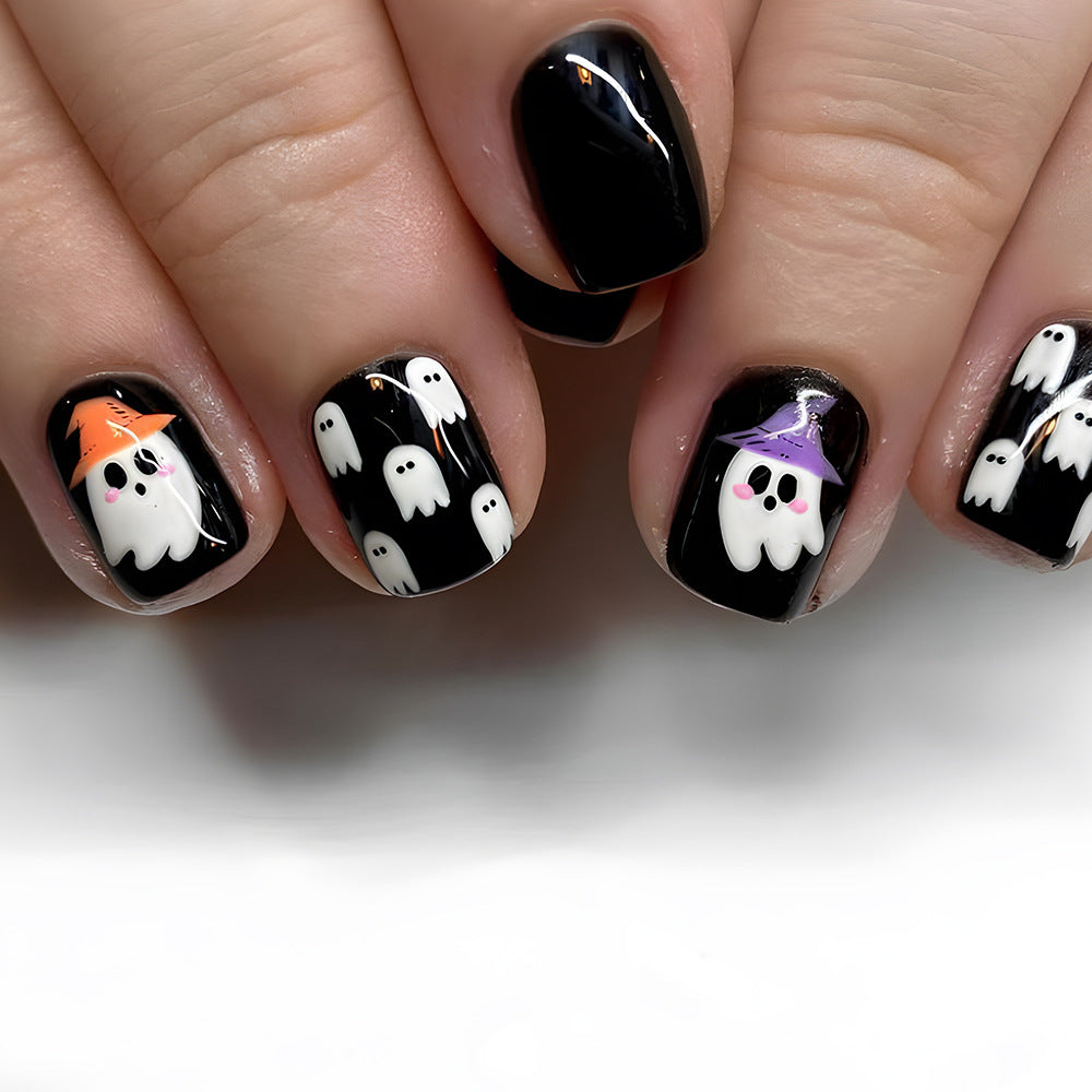 Spooky Halloween Short Square Black and White Ghost Themed Press On Nail Set