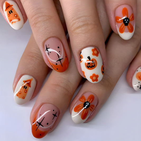 Halloween Delight Medium Oval Orange and White Press On Nail Set with Whimsical Floral and Pumpkin Designs