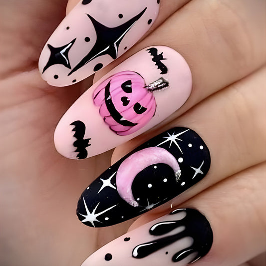 Spooky Halloween Press On Nail Set Long Almond Pink and Black with Pumpkin and Moon Designs