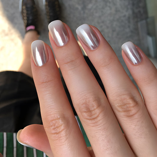 Glamorous Silver Ombre Medium Square Press On Nail Set with High Shine Finish