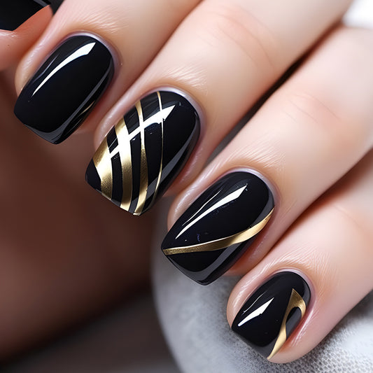 Glamorous Noir Elegance Long Square Black and Gold Press On Nail Set with Chic Metallic Designs