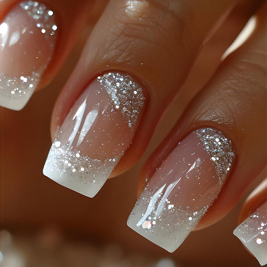 Glistening Winter Wonderland Long Square Clear White Glitter Ombre Press On Nail Set