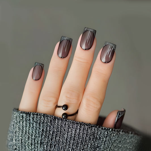 Elegant Noir Square Press On Nail Set Long Dark Brown with Glittering Tips for Glamorous Style