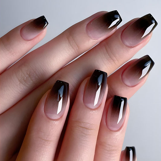 Mystical Ombre Coffin Press On Nail Set Long Length Gradient Black and Rose Color with Glossy Finish