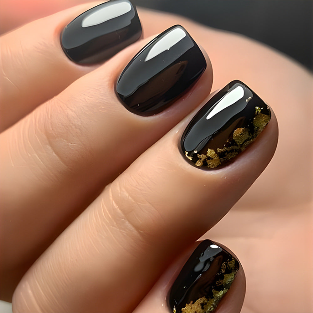 Elegant Night Out Short Square Glossy Black Press On Nail Set with Stunning Gold Flake Accent