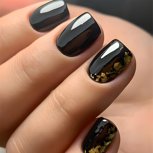Elegant Night Out Short Square Glossy Black Press On Nail Set with Stunning Gold Flake Accent