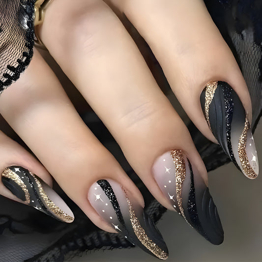 Glamorous Night Sky Long Almond Black and Gold Glitter Press On Nail Set with Sparkling Accents