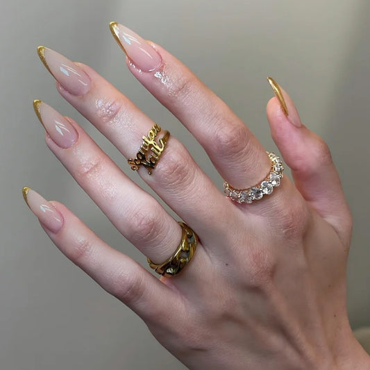 Glamorous Gold Tipped Long Stiletto Press On Nail Set in Natural Beige with Sparkling Detail