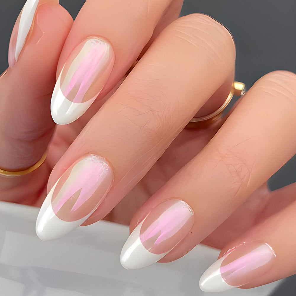 Chic Elegance Long Almond White and Pink Ombr‚àö¬© Press On Nail Set with Iridescent Finish
