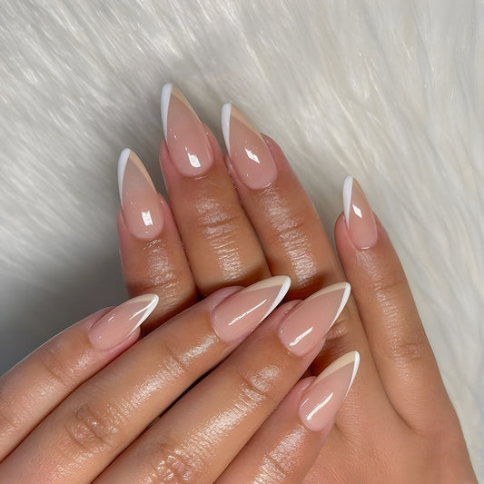 Elegant Dream French Almond Press On Nails Long Shape Beige and White Ombre Unique Design