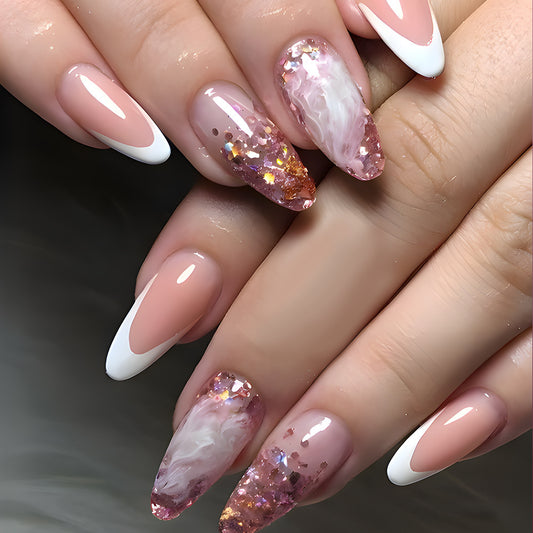 Glamorous Pink Almond Press On Nail Set with Glittering Marble Design Long Pointed Faux Nails