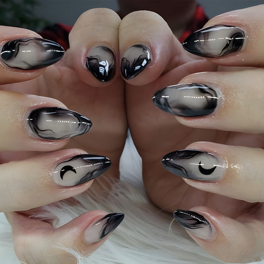 Mystical Moonlight Almond Shaped Long Black and Gray Marble Press On Nail Set with Unique Crescent Moon Design