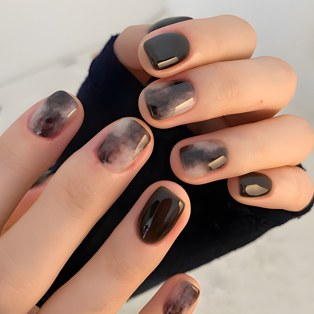 Gothic Elegance Short Square Black and Gray Marble Press On Nail Set with Metallic Accent Design