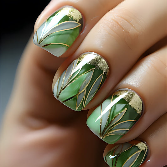Garden Elegance Medium Square Green Press On Nail Set with Gold Leaf Accent Artwork