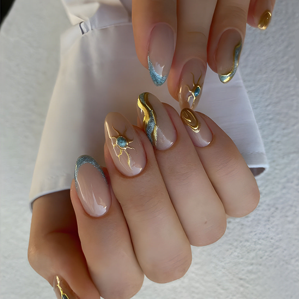 Ocean Breeze Long Almond Blue and Gold Press On Nail Set with Unique Abstract Design