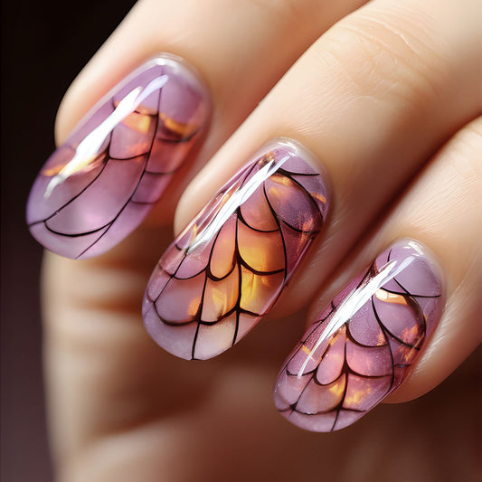 Glimmering Fantasy Long Oval Purple Nails with Iridescent Wing Design