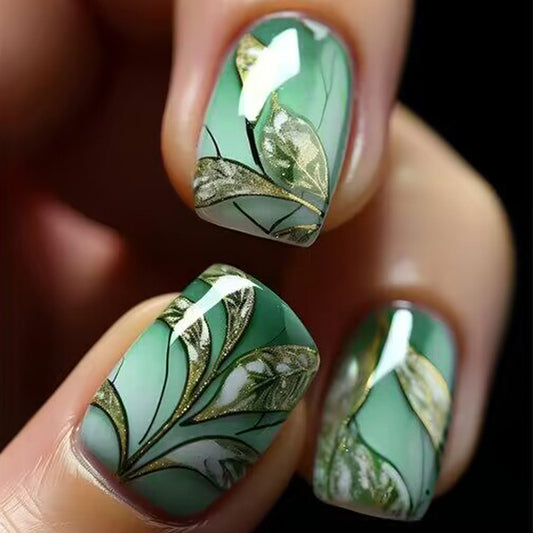 Botanical Bliss Long Square Green Floral Press On Nail Set with Elegant Gold Accents