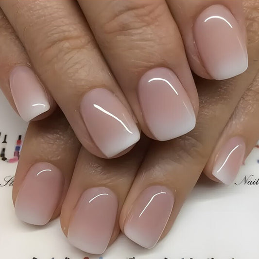 Elegant French Ombre Medium Square Soft Pink Glossy Press On Nail Set with Gradient Effect