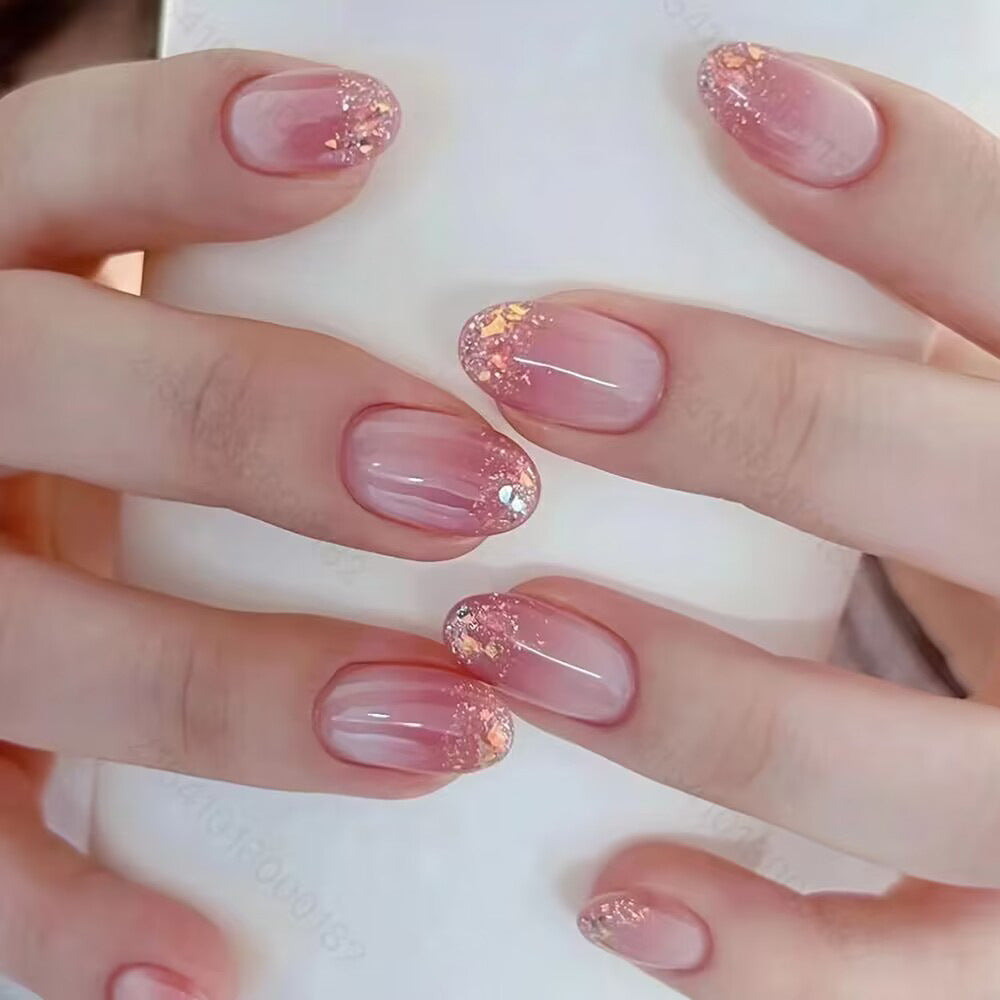 Enchanted Blossom Long Oval Pink Ombre Press On Nail Set with Glitter Accents