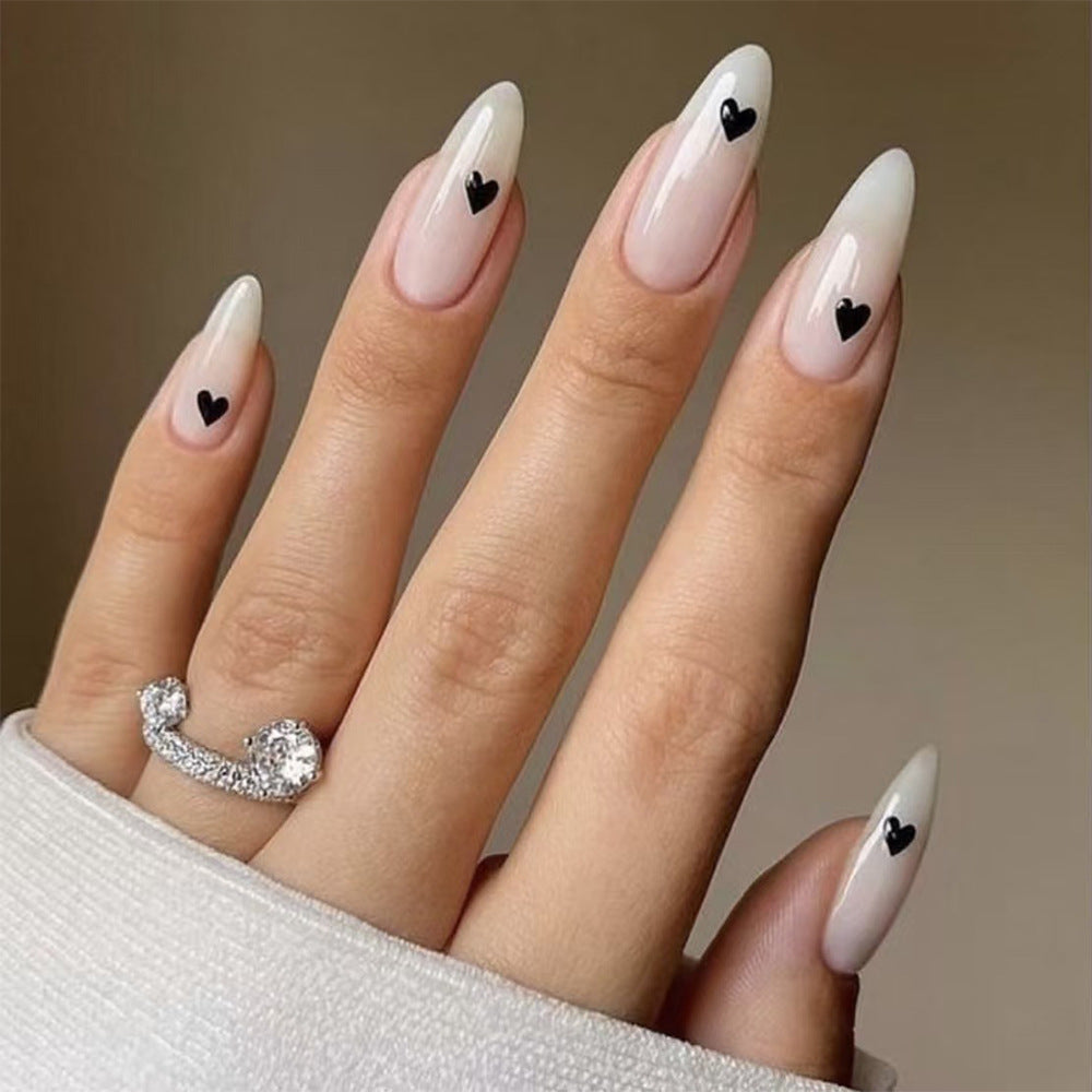 Romantic Elegance Long Almond Beige with Black Heart Accents Press On Nail Set