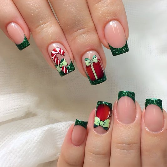 Holiday Cheer Long Square Green Glitter Press On Nail Set with Candy Cane and Gift Designs
