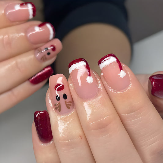 Holiday Cheer Long Square Red and Beige Press On Nail Set Featuring Festive Santa Designs