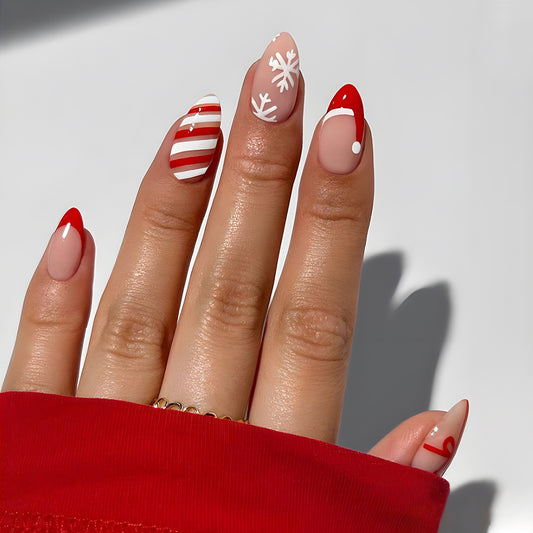 Festive Winter Wonderland Long Almond Red and White Press On Nail Set with Unique Holiday Designs