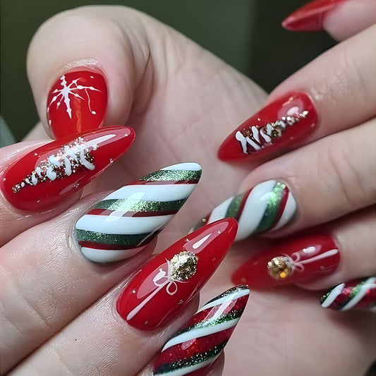Festive Holiday Cheer Long Almond Red Green and White Press On Nail Set with Glitter and Gold Accents