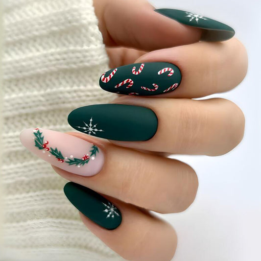 Holiday Wonderland Extra Long Almond Green and Pink Press On Nail Set with Festive Candy Cane and Wreath Designs