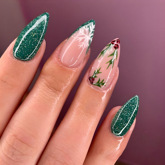 Festive Winter Wonderland Long Stiletto Glittery Green and Clear Nail Set with Snowflake and Holly Design