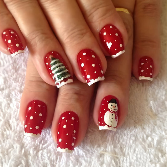 Festive Winter Wonderland Long Square Red Press On Nail Set with Polka Dots Christmas Tree and Snowman Design