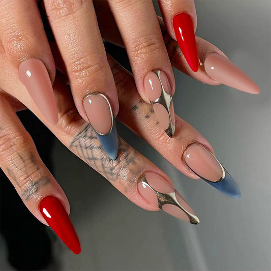 Glamourous Elegance Long Stiletto Pink Red and Blue Press On Nail Set with Unique Metallic Accent Design