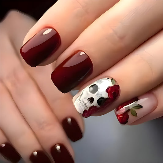 Gothic Romance Long Square Burgundy Press On Nail Set with Skull and Rose Design
