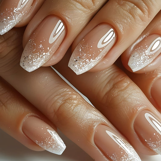 Elegant Winter Wonderland Long Coffin Shape Beige and Sparkly White Press On Nail Set