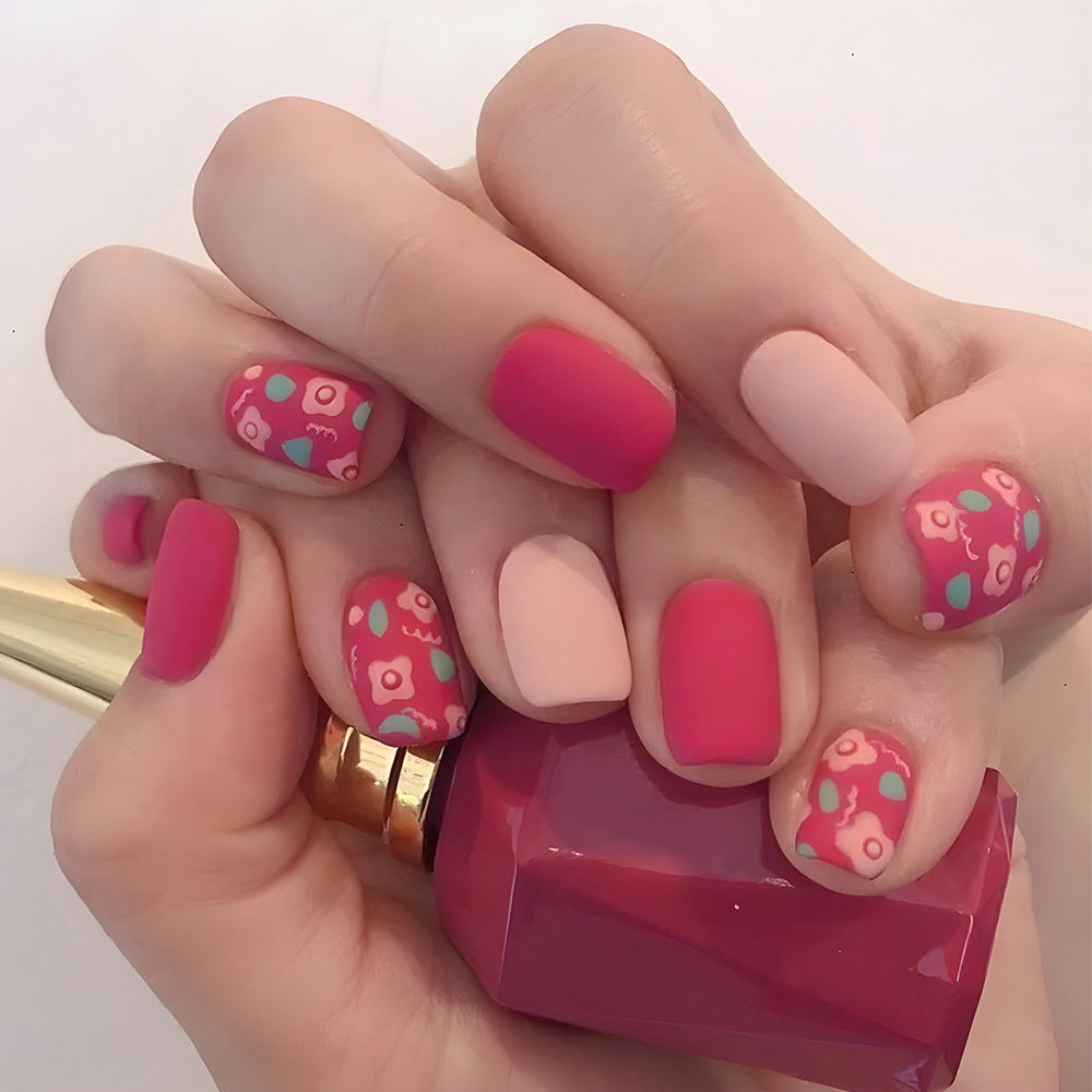 Floral Delight Medium Square Pink Matte Press On Nail Set with Charming Patterned Accents