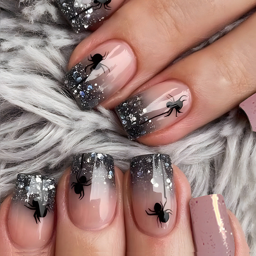Mystical Haunting Medium Square Press-On Nail Set Long Ombre Black and Silver Glitter with Spooky Spider Accents