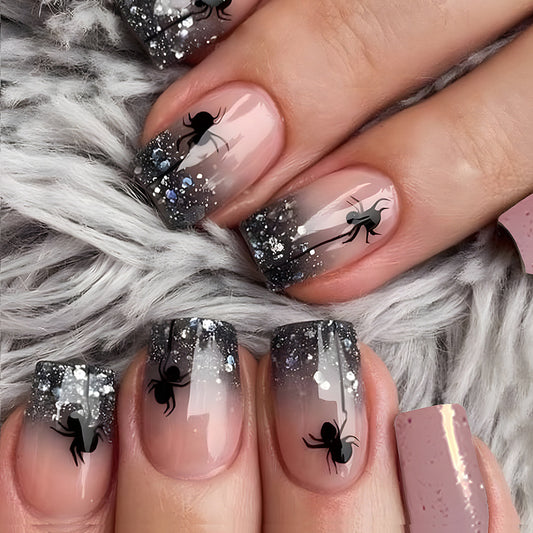 Mystical Haunting Medium Square Press-On Nail Set Long Ombre Black and Silver Glitter with Spooky Spider Accents