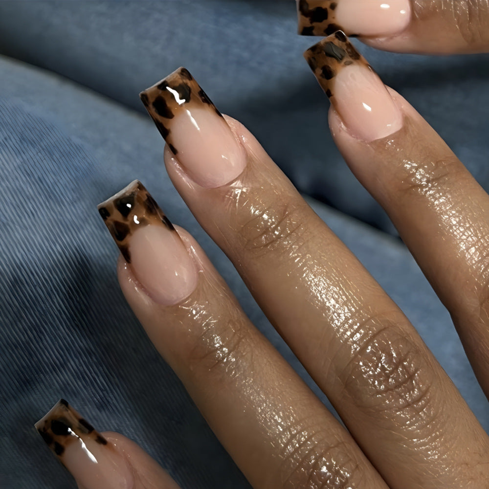 Wild Safari Chic Medium Square Acrylic Nail Set with Leopard Print Tips in Elegant Cream and Brown Tones