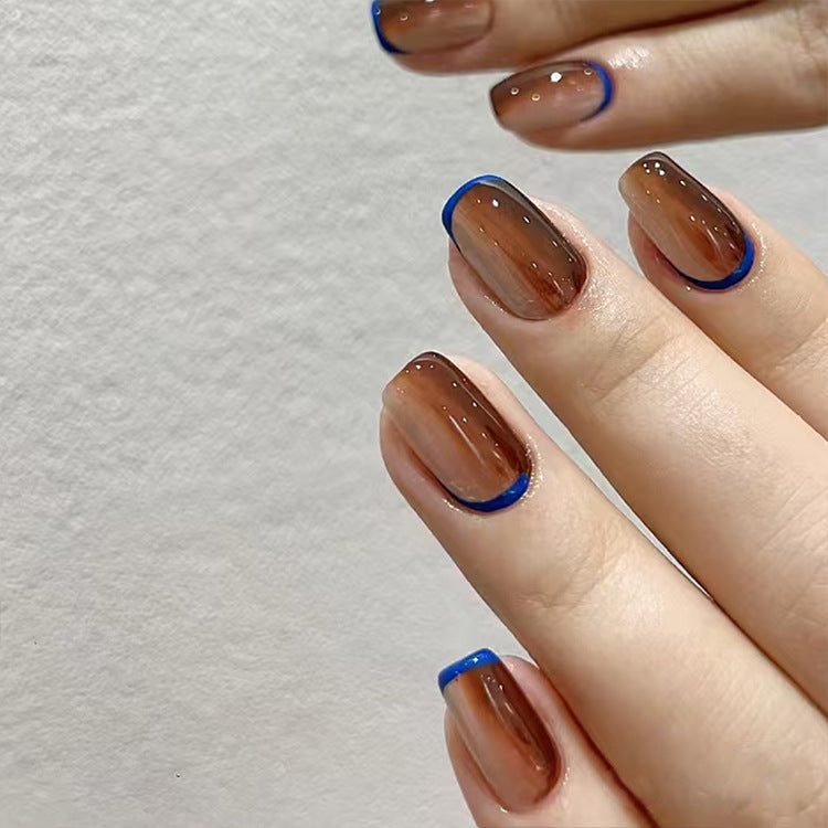 Chic Coffee Inspired Medium Square Brown with Blue Tips and Dazzling Dot Accents Press-On Nail Set