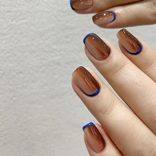 Chic Coffee Inspired Medium Square Brown with Blue Tips and Dazzling Dot Accents Press-On Nail Set