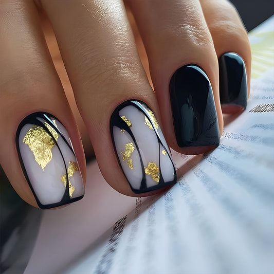 Glimmering Night Sky Rectangle Short Square Black and White Press On Nail Set with Gold Leaf Accents